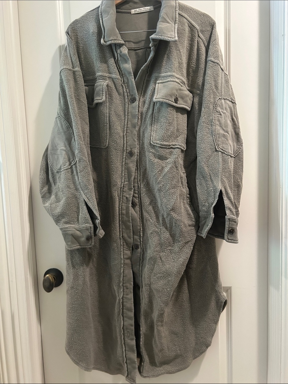 Free People We The Free Long Shacket Distressed Sweatshirt Coat Patch Elbow XL - Picture 10 of 11